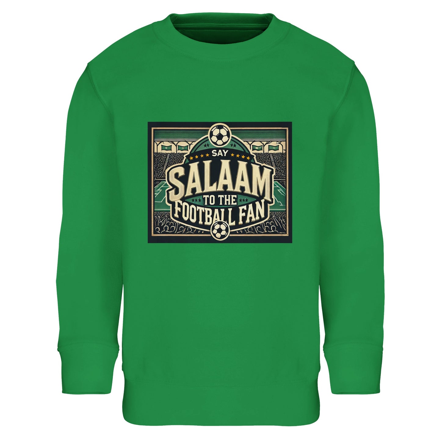 Say Salaam to the Football Fan Design #8 kids sweatshirt – Kelly Green / Spring Green / Sea Green / Eucalyptus combining strong block lettering with illustrated footballs, waving flags, crowds and pitch graphics. The bright green tone nods to the pitch and grassroots football energy. Suitable for ages four to fourteen, worn for school, outdoor play, weekend matches or family football nights. An affordable, lively football sweatshirt that reflects togetherness and Salaam.