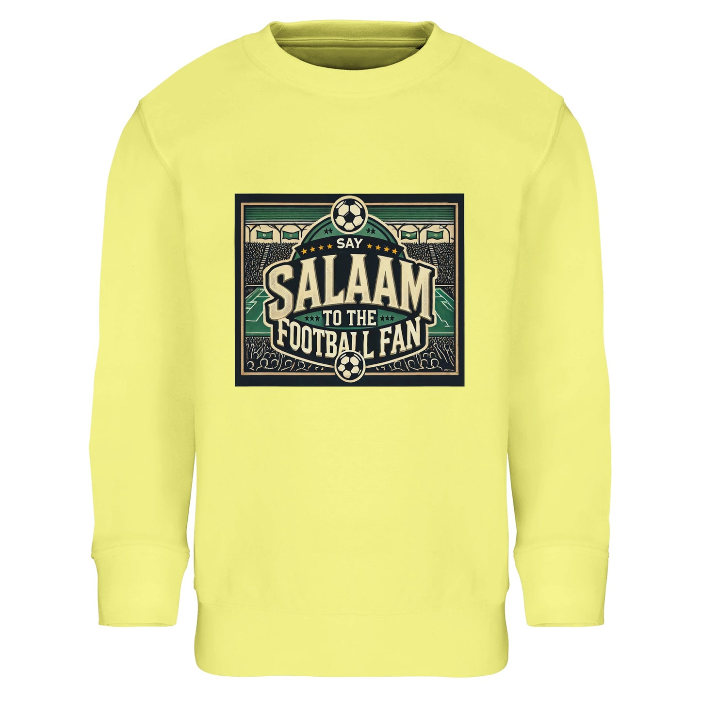Say Salaam to the Football Fan Design #8 kids sweatshirt – Light Yellow / Lemon Chiffon featuring vintage-inspired lettering set among football illustrations, stadium crowds and pitch details. The soft yellow shade brings a cheerful feel while keeping the design rooted in football culture. Designed for ages four to fourteen, perfect for daytime wear, school, casual outings or relaxed matchdays. An affordably-priced, bright football jumper that carries warmth, joy and Salaam.
