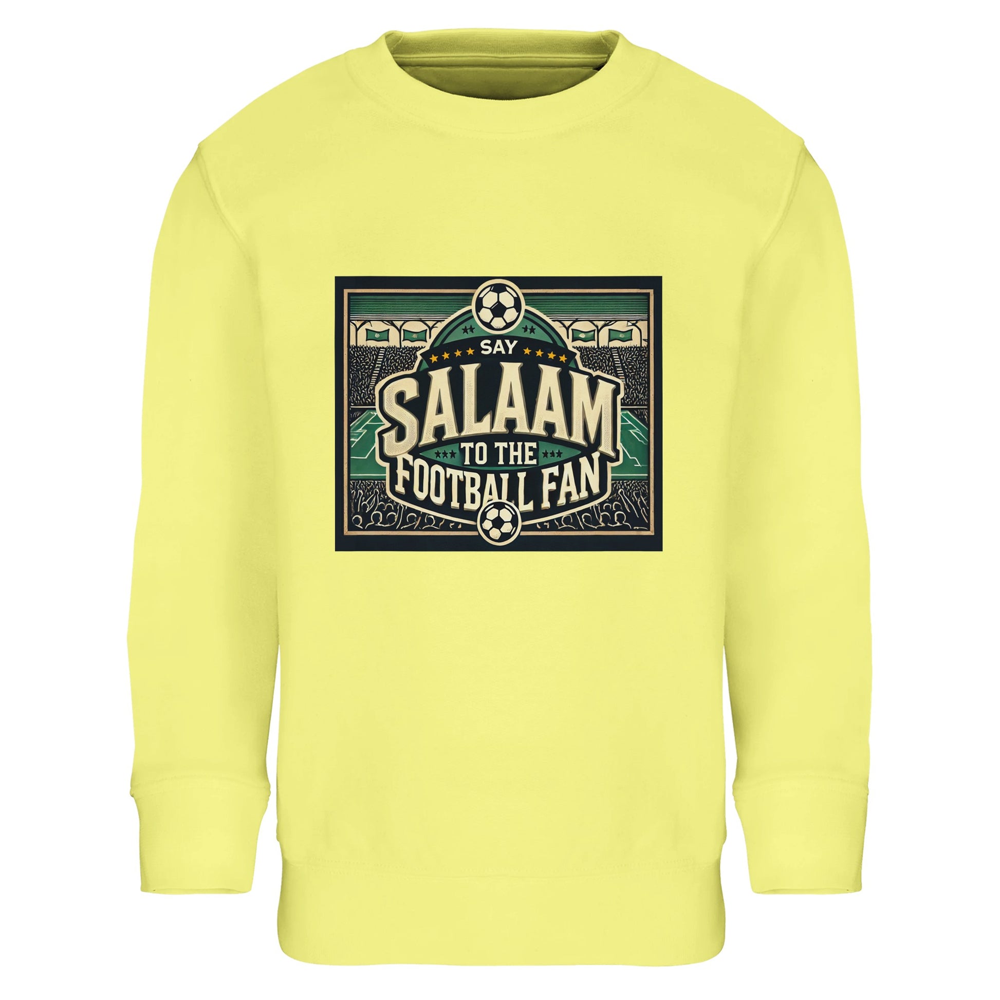 Say Salaam to the Football Fan Design #8 kids sweatshirt – Light Yellow / Lemon Chiffon featuring vintage-inspired lettering set among football illustrations, stadium crowds and pitch details. The soft yellow shade brings a cheerful feel while keeping the design rooted in football culture. Designed for ages four to fourteen, perfect for daytime wear, school, casual outings or relaxed matchdays. An affordably-priced, bright football jumper that carries warmth, joy and Salaam.