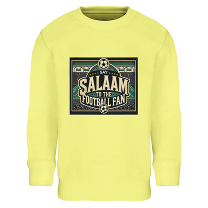 Say Salaam to the Football Fan Design #8 kids sweatshirt – Light Yellow / Lemon Chiffon featuring vintage-inspired lettering set among football illustrations, stadium crowds and pitch details. The soft yellow shade brings a cheerful feel while keeping the design rooted in football culture. Designed for ages four to fourteen, perfect for daytime wear, school, casual outings or relaxed matchdays. An affordably-priced, bright football jumper that carries warmth, joy and Salaam.