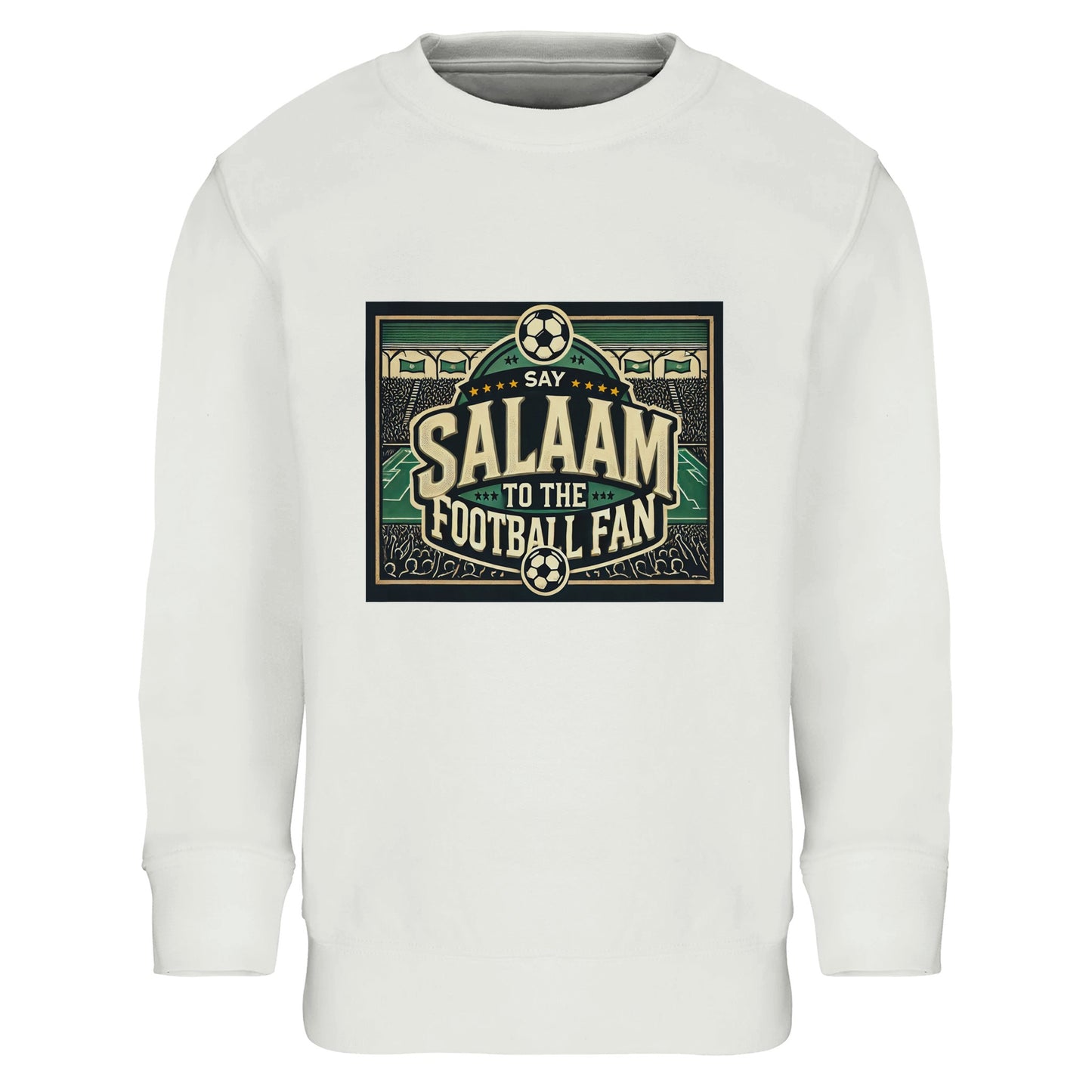 Say Salaam to the Football Fan Design #8 kids sweatshirt – White / Platinum featuring bold vintage-style lettering framed by illustrated footballs, a packed stadium crowd, waving flags and pitch markings. This soft cotton-poly jumper suits young football fans who love matchday atmosphere, Muslim-friendly clothing, and comfy everyday wear. Ideal for ages 4 to fourteen, worn to school, weekend kickabouts, family outings, or watching games at home. A clean, classic football sweatshirt to show pride and Salaam.