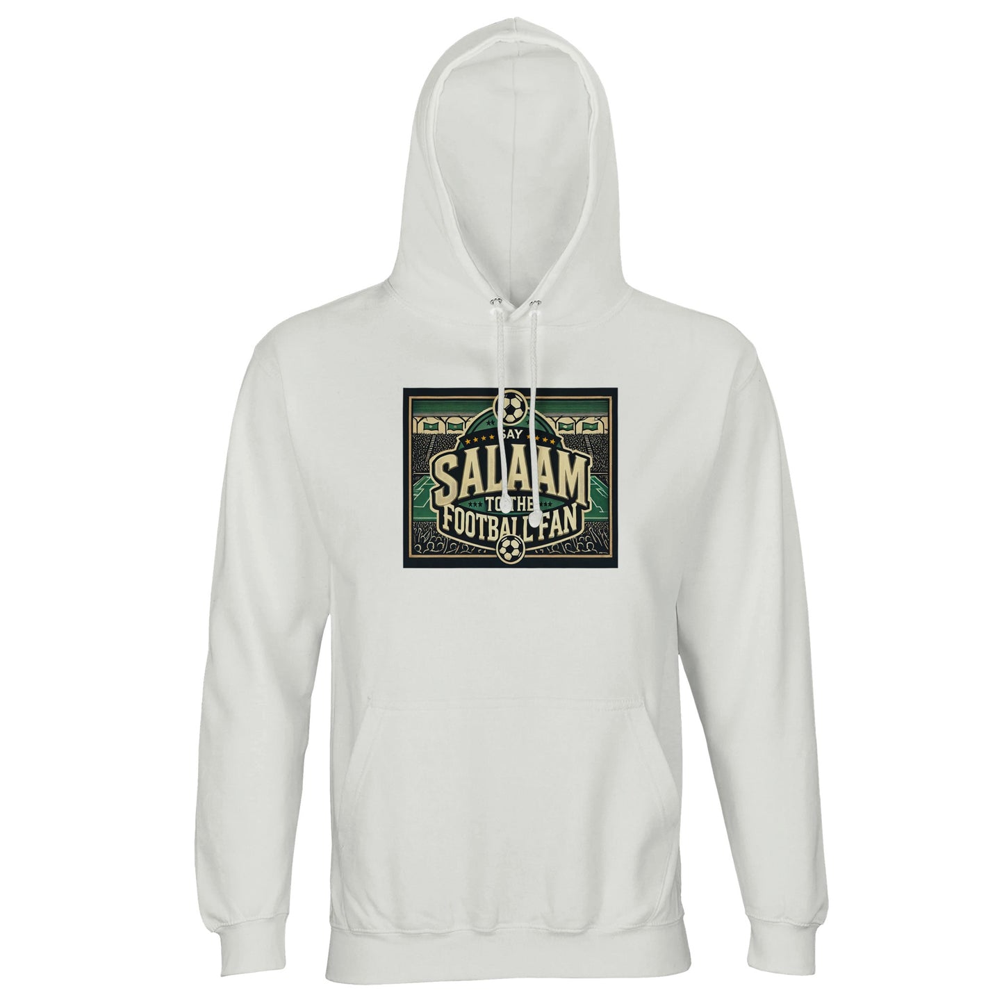 Say Salaam to the Football Fan Design #8 unisex hoodie in White / Platinum, featuring a vintage-inspired stadium illustration with bold block lettering, football motifs, and crowd-filled terraces. The light base keeps the graphic sharp and legible, giving the design a classic, retro football character. Created for Muslim wear and modest street style, this soft cotton-poly hoodie works for everyday layering, match days and watching at home. A comfortable, understated hooded top to wear beyond the scoreboard.