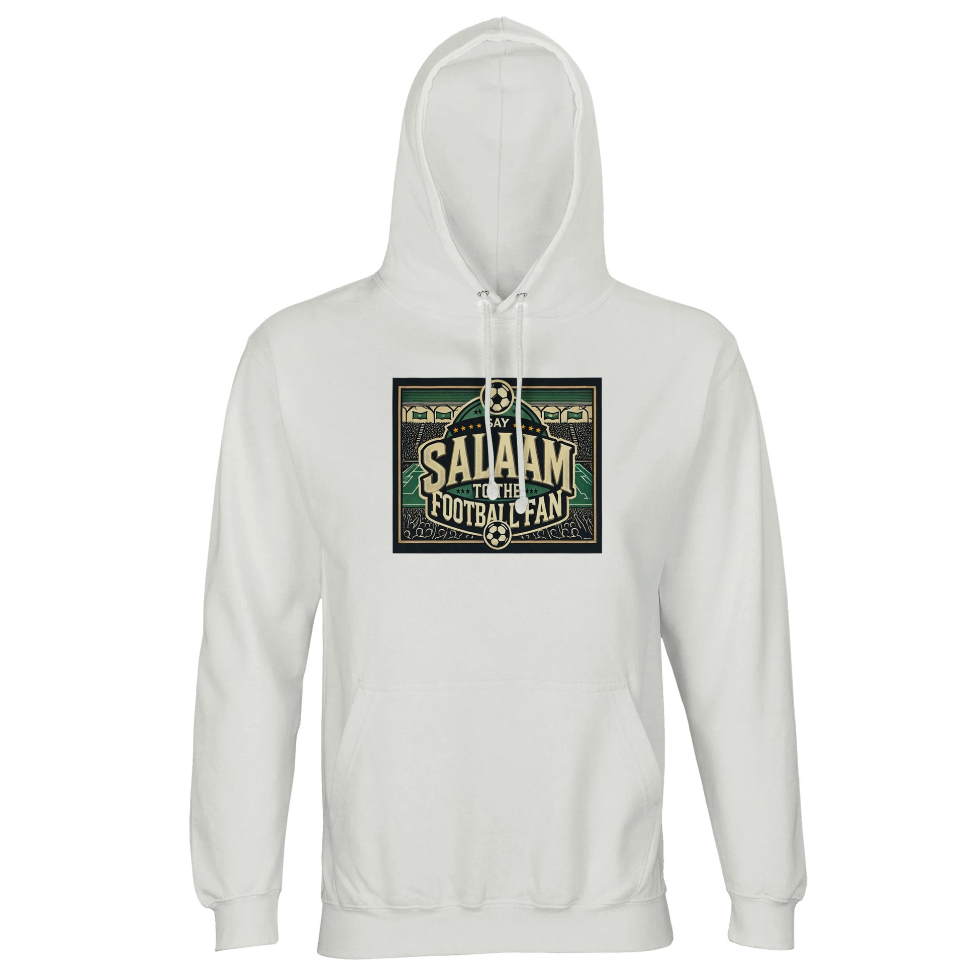 Say Salaam to the Football Fan Design #8 unisex hoodie in White / Platinum, featuring a vintage-inspired stadium illustration with bold block lettering, football motifs, and crowd-filled terraces. The light base keeps the graphic sharp and legible, giving the design a classic, retro football character. Created for Muslim wear and modest street style, this soft cotton-poly hoodie works for everyday layering, match days and watching at home. A comfortable, understated hooded top to wear beyond the scoreboard.