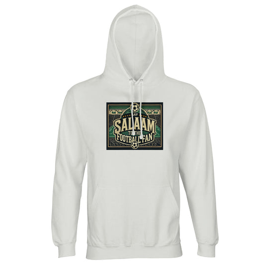 Say Salaam to the Football Fan Design #8 unisex hoodie in White / Platinum, featuring a vintage-inspired stadium illustration with bold block lettering, football motifs, and crowd-filled terraces. The light base keeps the graphic sharp and legible, giving the design a classic, retro football character. Created for Muslim wear and modest street style, this soft cotton-poly hoodie works for everyday layering, match days and watching at home. A comfortable, understated hooded top to wear beyond the scoreboard.