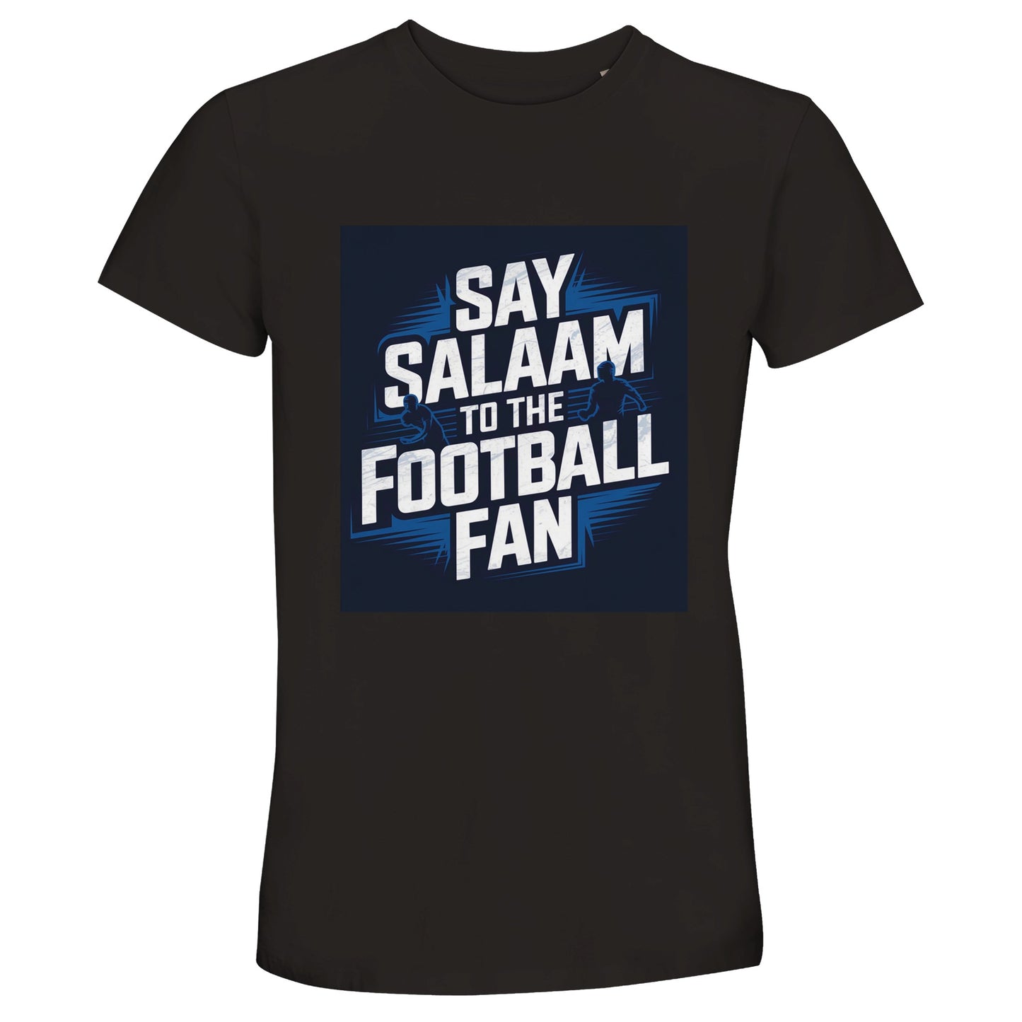 Say Salaam to the Football Fan Design #9 unisex T-shirt in Deep Black / Zeus, featuring bold block lettering and dynamic football player silhouettes in motion. This short-sleeve cotton T-shirt blends recycled and organic fibres, created for adult football fans who support a team, club, or FC with pride. Designed as modest Muslim wear and everyday street clothing. Available in adult sizes XS to 4XL, this black football graphic tee offers comfort, durability, and strong visual impact.