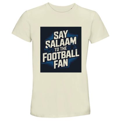 Say Salaam to the Football Fan Design #9 unisex T-shirt in Natural / Moon Mist / Satin Linen / Beige, showcasing bold block text graphics layered with footballer silhouettes that capture movement and energy. Made for adult football supporters, this recycled cotton T-shirt works as modest Muslim wear and relaxed street style, ideal for watching matches at home, travelling to games, casual weekends, or everyday layering. Available in adult sizes XS to 4XL, this is a comfortable, well-priced option for fans.