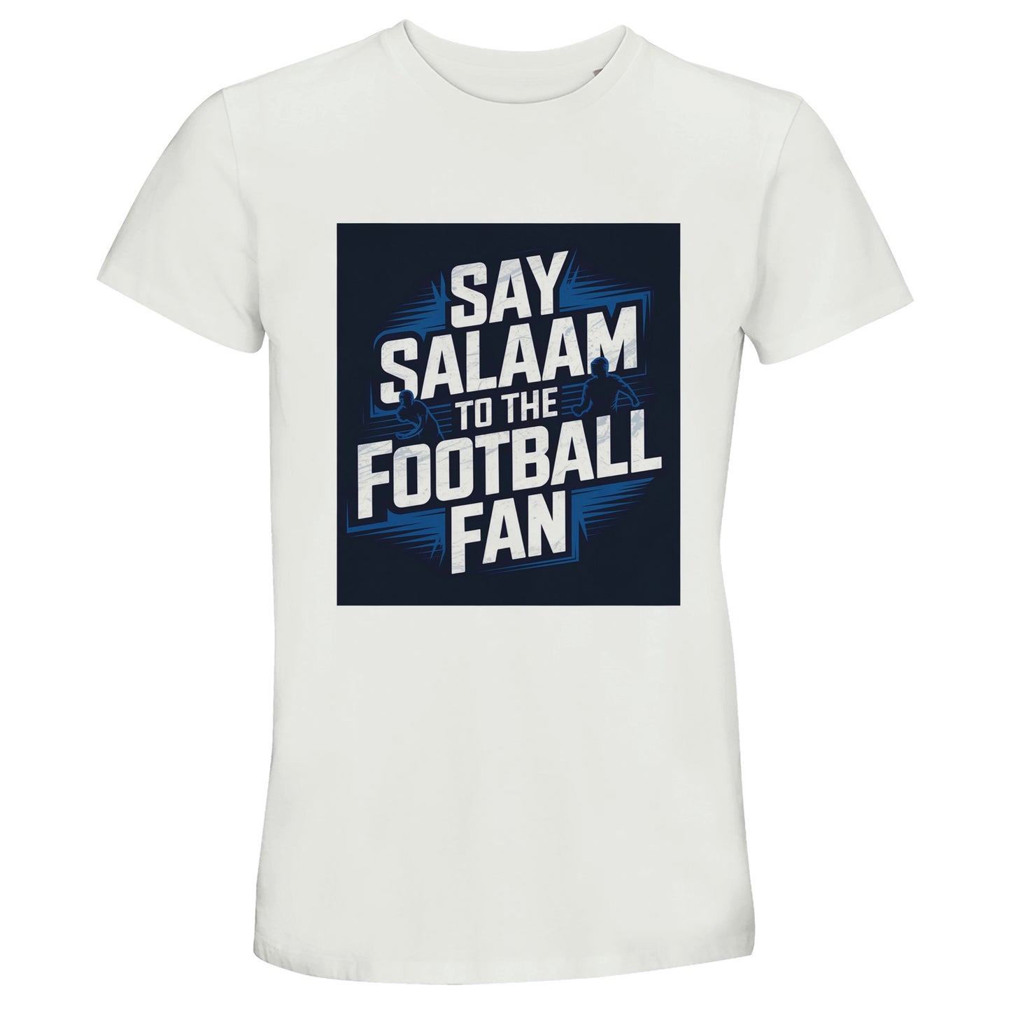Say Salaam to the Football Fan Design #9 unisex T-shirt in White / Platinum, featuring strong block lettering and expressive football player silhouettes set against a clean, bright base. Designed for adult men and women, this short-sleeve cotton tee fits seamlessly into modest Muslim wear and contemporary football fan clothing. Ideal for matchdays, the white colour keeps the graphic sharp and versatile. Available in adult sizes XS to 4XL, this delivers comfort, breathability, and clear fan identity.