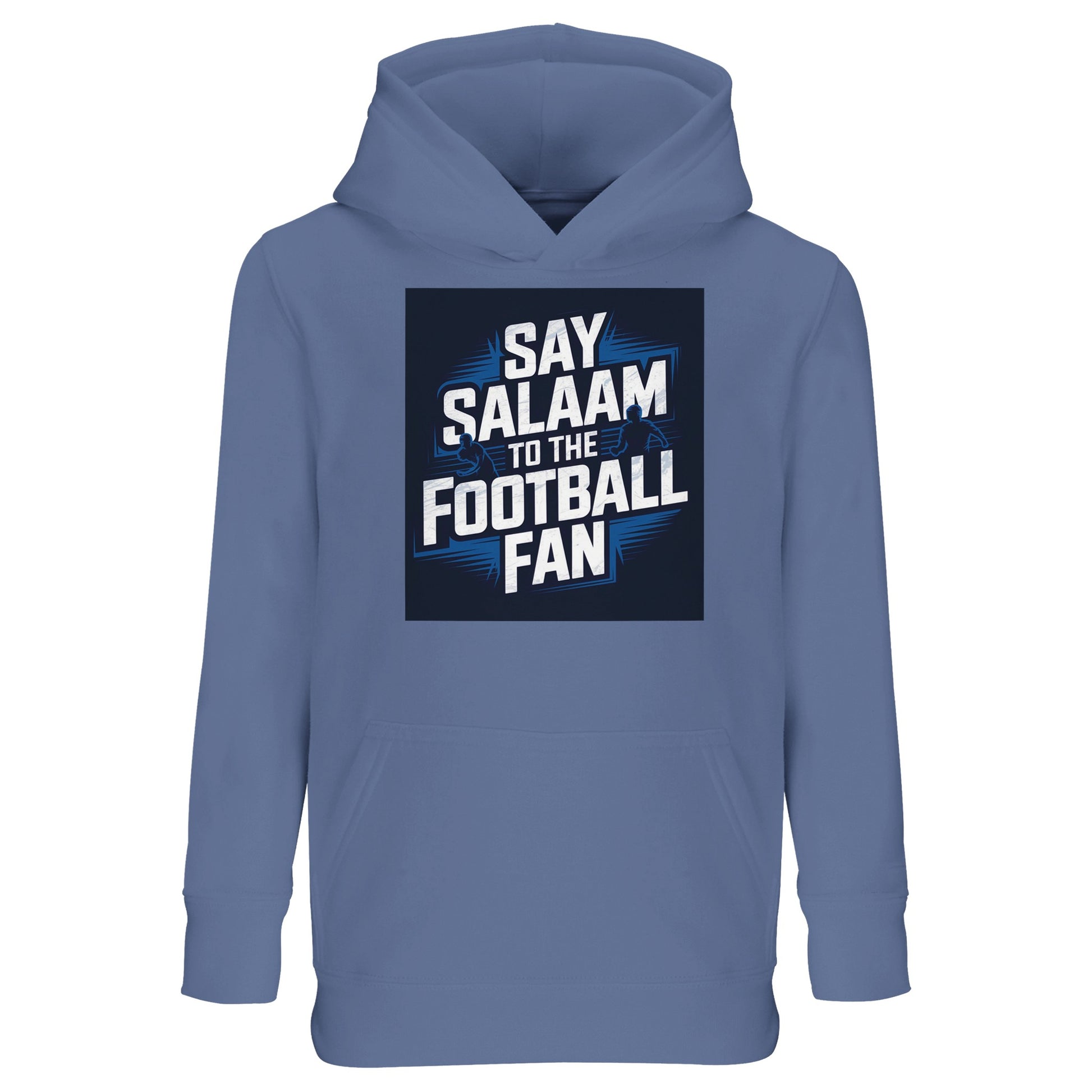 Say Salaam to the Football Fan Design #9 Kids Hoodie – Blue / Marble Blue / Blue-Grey / Waikawa Grey featuring bold football lettering over a stadium-inspired graphic, set against a calm mid-blue tone often linked to training tops and everyday fanwear. This cotton-poly hooded sweatshirt is made for children who enjoy football culture. Designed as modest Muslim kidswear for boys and girls aged 4-14, it offers warmth, comfort, and easy wear for young supporters who say Salaam through football style.