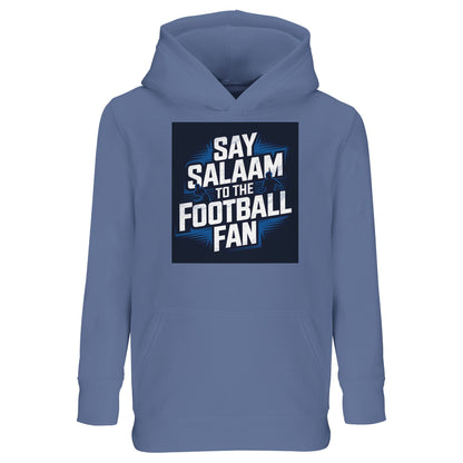 Say Salaam to the Football Fan Design #9 Kids Hoodie – Blue / Marble Blue / Blue-Grey / Waikawa Grey featuring bold football lettering over a stadium-inspired graphic, set against a calm mid-blue tone often linked to training tops and everyday fanwear. This cotton-poly hooded sweatshirt is made for children who enjoy football culture. Designed as modest Muslim kidswear for boys and girls aged 4-14, it offers warmth, comfort, and easy wear for young supporters who say Salaam through football style.