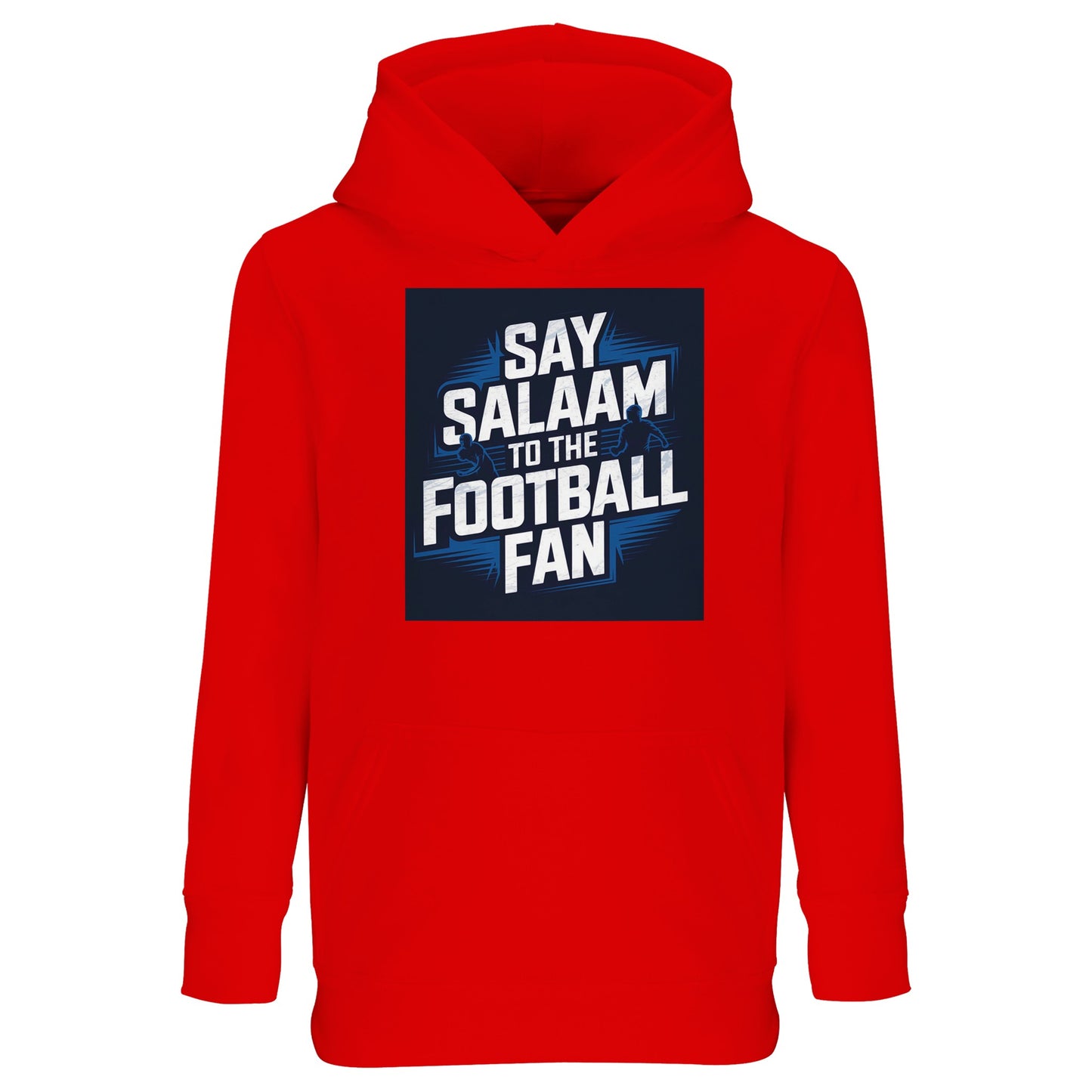 Say Salaam to the Football Fan Design #9 Kids Hoodie – Bright Red / Rosso Corsa featuring striking football typography layered over a stadium graphic, set on a vivid red base associated with passion, energy, and classic club colours. This cotton-poly hoodie suits children who love bold football looks, heading to school, or relaxing on weekends. Designed as modest Muslim kidswear for boys and girls aged four to fourteen, it combines warmth and durability to proudly say Salaam in football style.