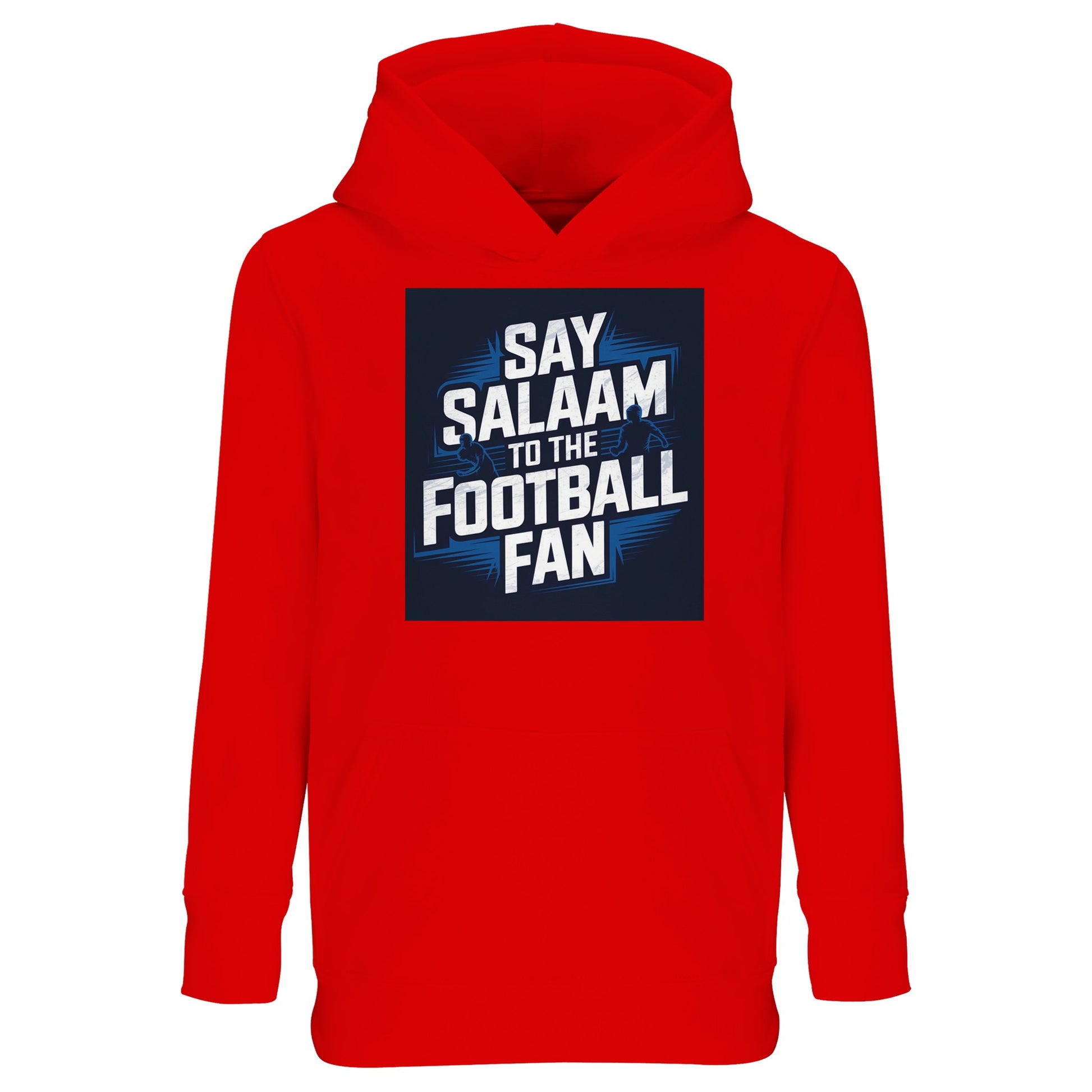 Say Salaam to the Football Fan Design #9 Kids Hoodie – Bright Red / Rosso Corsa featuring striking football typography layered over a stadium graphic, set on a vivid red base associated with passion, energy, and classic club colours. This cotton-poly hoodie suits children who love bold football looks, heading to school, or relaxing on weekends. Designed as modest Muslim kidswear for boys and girls aged four to fourteen, it combines warmth and durability to proudly say Salaam in football style.