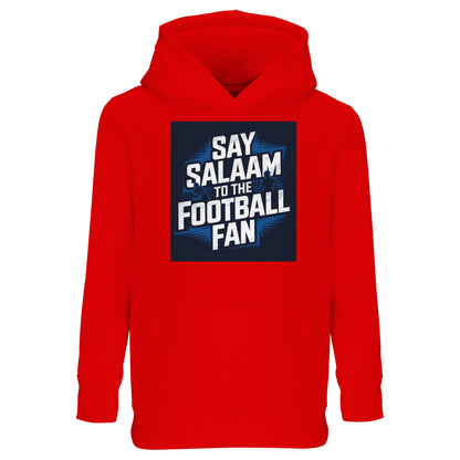 Say Salaam to the Football Fan Design #9 Kids Hoodie – Bright Red / Rosso Corsa featuring striking football typography layered over a stadium graphic, set on a vivid red base associated with passion, energy, and classic club colours. This cotton-poly hoodie suits children who love bold football looks, heading to school, or relaxing on weekends. Designed as modest Muslim kidswear for boys and girls aged four to fourteen, it combines warmth and durability to proudly say Salaam in football style.