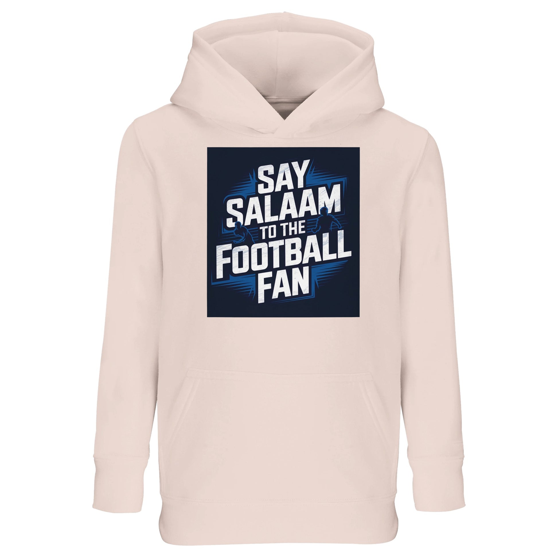 Say Salaam to the Football Fan Design #9 Kids Hoodie – Creamy Pink / Oyster Pink featuring bold football lettering over a stadium-style graphic, balanced by a soft pink tone that feels gentle and wearable. This cotton-poly hoodie is ideal for children who enjoy football fashion with a softer colour palette, suitable for school, casual wear, or relaxing at home. Designed as modest Muslim kidswear for boys and girls, it offers warmth, comfort, and expressive style for supporters to say Salaam their own way.
