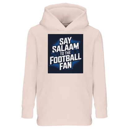 Say Salaam to the Football Fan Design #9 Kids Hoodie – Creamy Pink / Oyster Pink featuring bold football lettering over a stadium-style graphic, balanced by a soft pink tone that feels gentle and wearable. This cotton-poly hoodie is ideal for children who enjoy football fashion with a softer colour palette, suitable for school, casual wear, or relaxing at home. Designed as modest Muslim kidswear for boys and girls, it offers warmth, comfort, and expressive style for supporters to say Salaam their own way.