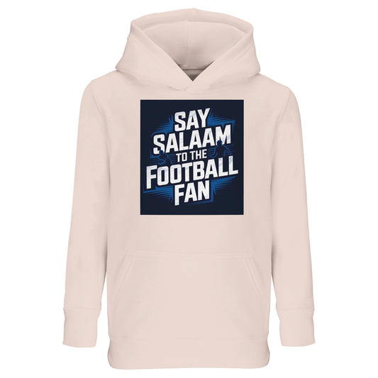 Say Salaam to the Football Fan Design #9 Kids Hoodie – Creamy Pink / Oyster Pink featuring bold football lettering over a stadium-style graphic, balanced by a soft pink tone that feels gentle and wearable. This cotton-poly hoodie is ideal for children who enjoy football fashion with a softer colour palette, suitable for school, casual wear, or relaxing at home. Designed as modest Muslim kidswear for boys and girls, it offers warmth, comfort, and expressive style for supporters to say Salaam their own way.