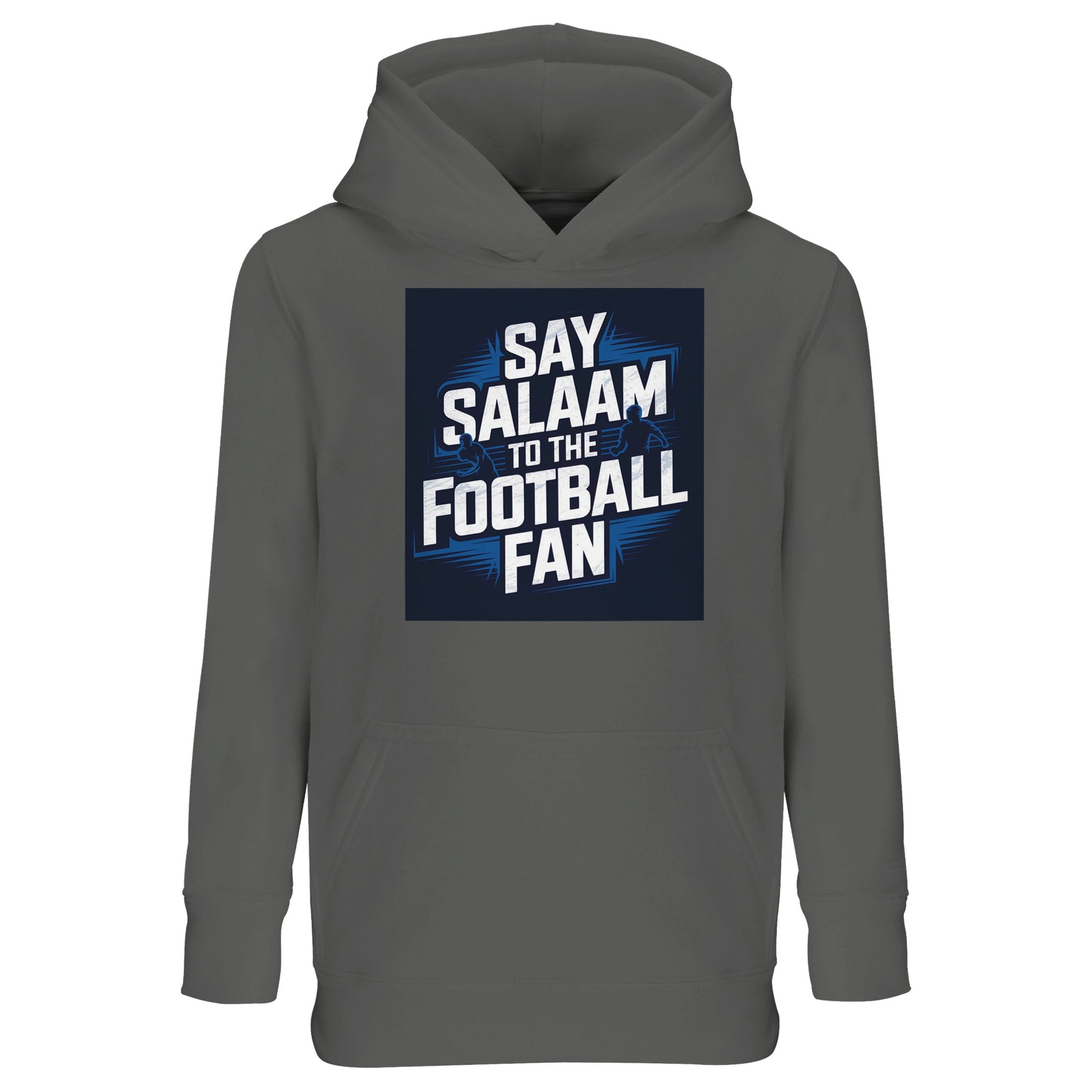 Say Salaam to the Football Fan Design #9 Kids Hoodie – Grey Melange / Heather Grey / Marl Grey / Classic Athletic Grey Blend featuring clean football lettering over a stadium-style graphic, balanced by a soft, textured grey base that works easily with everyday outfits. This cotton-poly hooded top is ideal for children who prefer understated football style without bright colours. Designed as modest Muslim kidswear for boys and girls aged four to fourteen, to say Salaam in a relaxed, neutral way.