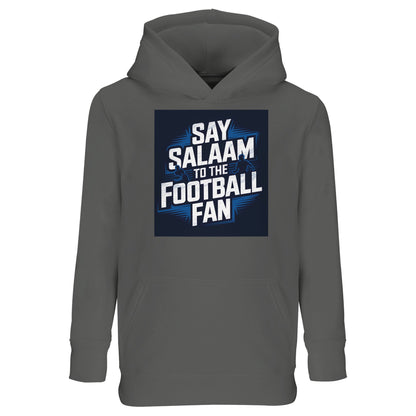 Say Salaam to the Football Fan Design #9 Kids Hoodie – Grey Melange / Heather Grey / Marl Grey / Classic Athletic Grey Blend featuring clean football lettering over a stadium-style graphic, balanced by a soft, textured grey base that works easily with everyday outfits. This cotton-poly hooded top is ideal for children who prefer understated football style without bright colours. Designed as modest Muslim kidswear for boys and girls aged four to fourteen, to say Salaam in a relaxed, neutral way.