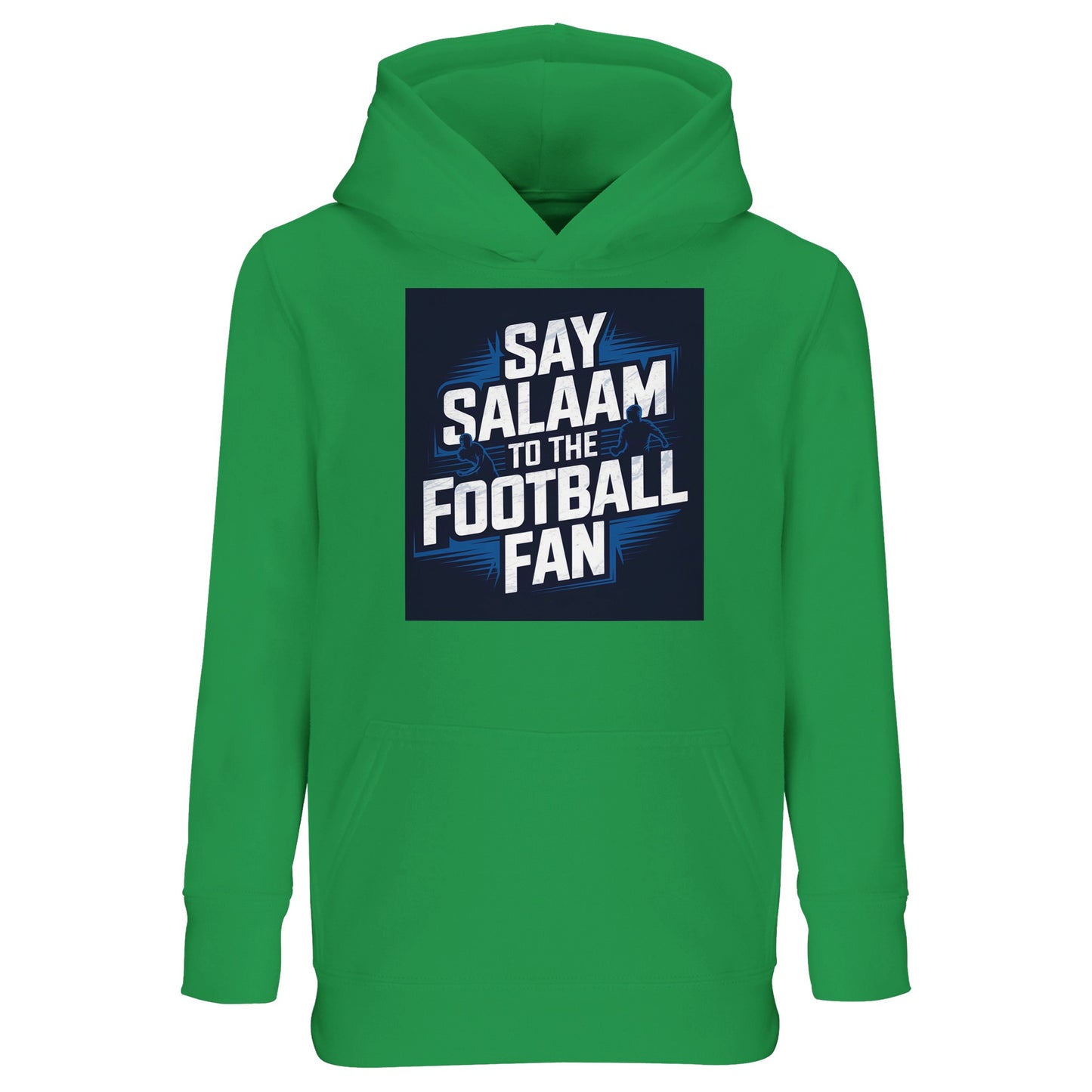 Say Salaam to the Football Fan Design #9 Kids Hoodie – Kelly Green / Spring Green / Sea Green featuring bold football typography over a stadium graphic, grounded by a vibrant green shade often associated with grassroots football and training pitches. This cotton-poly hoodie suits children who love colour and football equally, ideal for school days, casual outings, and match viewing at home. Designed as modest Muslim kidswear for boys and girls to say Salaam through classic football colour culture.