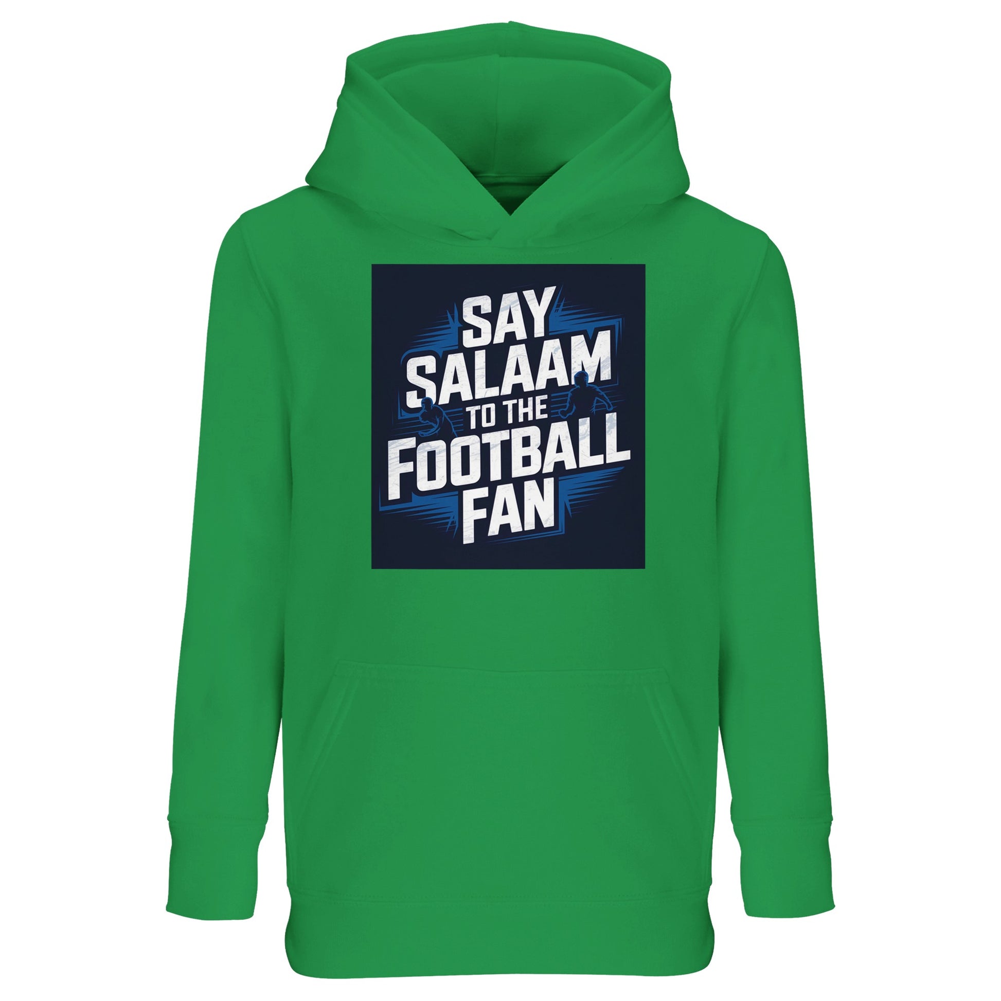 Say Salaam to the Football Fan Design #9 Kids Hoodie – Kelly Green / Spring Green / Sea Green featuring bold football typography over a stadium graphic, grounded by a vibrant green shade often associated with grassroots football and training pitches. This cotton-poly hoodie suits children who love colour and football equally, ideal for school days, casual outings, and match viewing at home. Designed as modest Muslim kidswear for boys and girls to say Salaam through classic football colour culture.