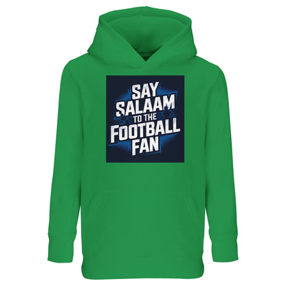 Say Salaam to the Football Fan Design #9 Kids Hoodie – Kelly Green / Spring Green / Sea Green featuring bold football typography over a stadium graphic, grounded by a vibrant green shade often associated with grassroots football and training pitches. This cotton-poly hoodie suits children who love colour and football equally, ideal for school days, casual outings, and match viewing at home. Designed as modest Muslim kidswear for boys and girls to say Salaam through classic football colour culture.