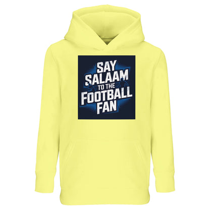 Say Salaam to the Football Fan Design #9 Kids Hoodie – Light Yellow / Lemon Chiffon featuring bold football lettering set over a stadium-inspired graphic, softened by a bright, cheerful yellow base that feels playful and eye-catching. This cotton-poly hooded sweatshirt is made for children who enjoy staying comfortable, whether at school, at home, or during vintage football moments. Designed as modest Muslim kidswear for boys and girls aged four to fourteen, it blends warmth and fun for young supporters.
