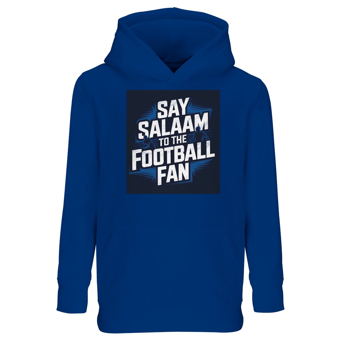 Say Salaam to the Football Fan Design #9 Kids Hoodie – Royal Blue / Dark Midnight Blue featuring strong football lettering layered over a stadium graphic, set on a deep blue tone long associated with heritage clubs and classic kits. This cotton-poly hoodie is ideal to enjoy traditional football colours for everyday wear, from school to match nights. Designed as modest Muslim kidswear for boys and girls aged 4 to 14, it offers warmth, durability, and timeless football style while saying Salaam.