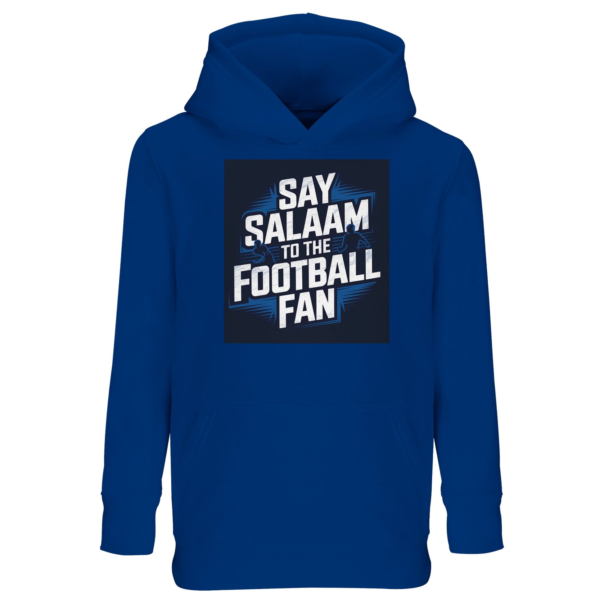 Say Salaam to the Football Fan Design #9 Kids Hoodie – Royal Blue / Dark Midnight Blue featuring strong football lettering layered over a stadium graphic, set on a deep blue tone long associated with heritage clubs and classic kits. This cotton-poly hoodie is ideal to enjoy traditional football colours for everyday wear, from school to match nights. Designed as modest Muslim kidswear for boys and girls aged 4 to 14, it offers warmth, durability, and timeless football style while saying Salaam.