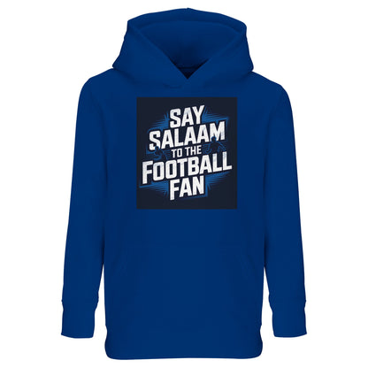 Say Salaam to the Football Fan Design #9 Kids Hoodie – Royal Blue / Dark Midnight Blue featuring strong football lettering layered over a stadium graphic, set on a deep blue tone long associated with heritage clubs and classic kits. This cotton-poly hoodie is ideal to enjoy traditional football colours for everyday wear, from school to match nights. Designed as modest Muslim kidswear for boys and girls aged 4 to 14, it offers warmth, durability, and timeless football style while saying Salaam.
