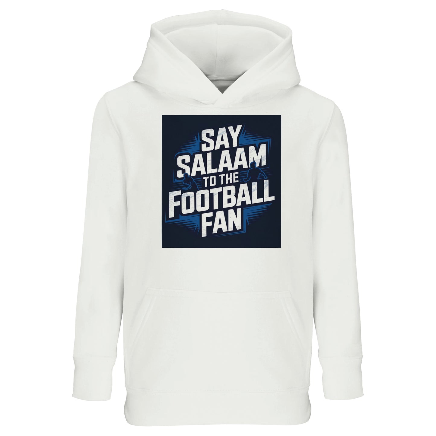 Say Salaam to the Football Fan Design #9 Kids Hoodie – White / Platinum featuring bold football typography over a dark stadium graphic that contrasts cleanly against a bright white base. This cotton-poly hooded top suits children who prefer crisp, simple football style that pairs easily with everyday clothing. Designed as modest Muslim kidswear for boys and girls, it provides warmth and comfort for school, weekends, and match viewing while letting young fans say Salaam in a fresh, modern way.