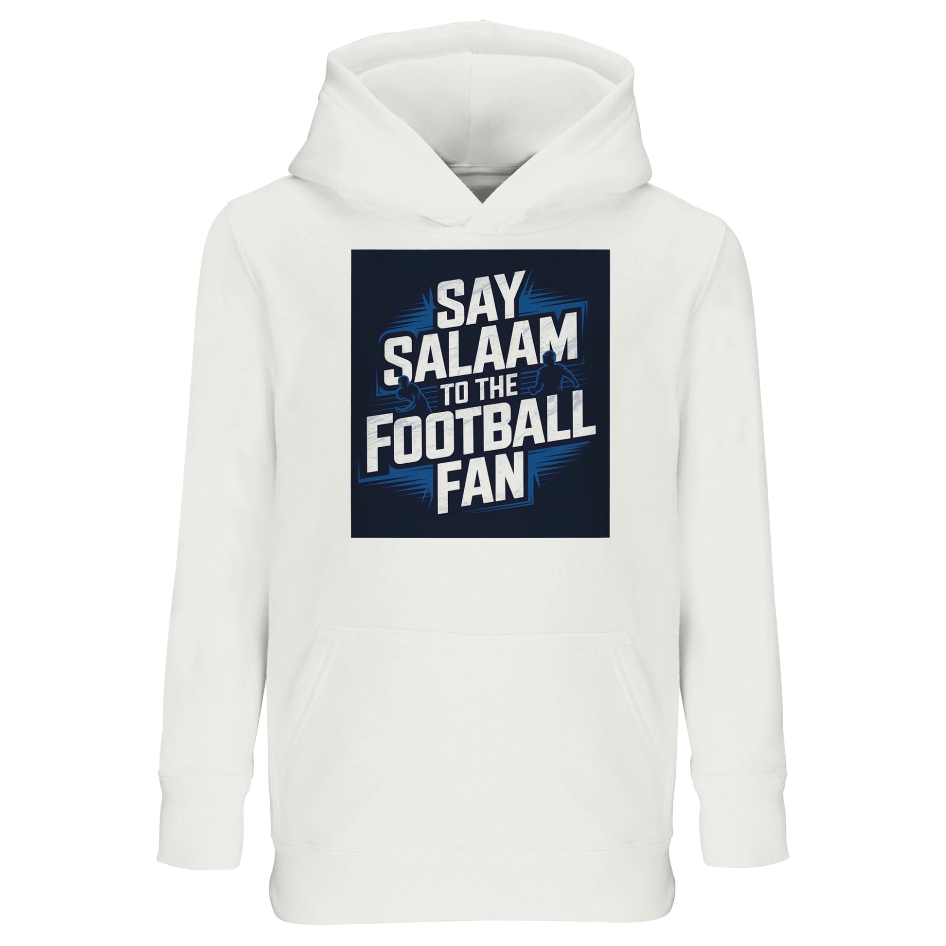 Say Salaam to the Football Fan Design #9 Kids Hoodie – White / Platinum featuring bold football typography over a dark stadium graphic that contrasts cleanly against a bright white base. This cotton-poly hooded top suits children who prefer crisp, simple football style that pairs easily with everyday clothing. Designed as modest Muslim kidswear for boys and girls, it provides warmth and comfort for school, weekends, and match viewing while letting young fans say Salaam in a fresh, modern way.