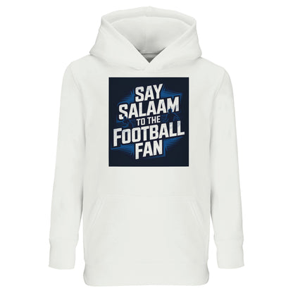 Say Salaam to the Football Fan Design #9 Kids Hoodie – White / Platinum featuring bold football typography over a dark stadium graphic that contrasts cleanly against a bright white base. This cotton-poly hooded top suits children who prefer crisp, simple football style that pairs easily with everyday clothing. Designed as modest Muslim kidswear for boys and girls, it provides warmth and comfort for school, weekends, and match viewing while letting young fans say Salaam in a fresh, modern way.