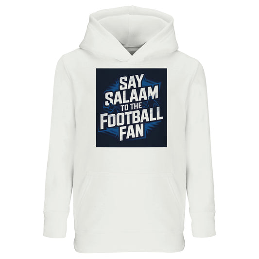 Say Salaam to the Football Fan Design #9 Kids Hoodie – White / Platinum featuring bold football typography over a dark stadium graphic that contrasts cleanly against a bright white base. This cotton-poly hooded top suits children who prefer crisp, simple football style that pairs easily with everyday clothing. Designed as modest Muslim kidswear for boys and girls, it provides warmth and comfort for school, weekends, and match viewing while letting young fans say Salaam in a fresh, modern way.