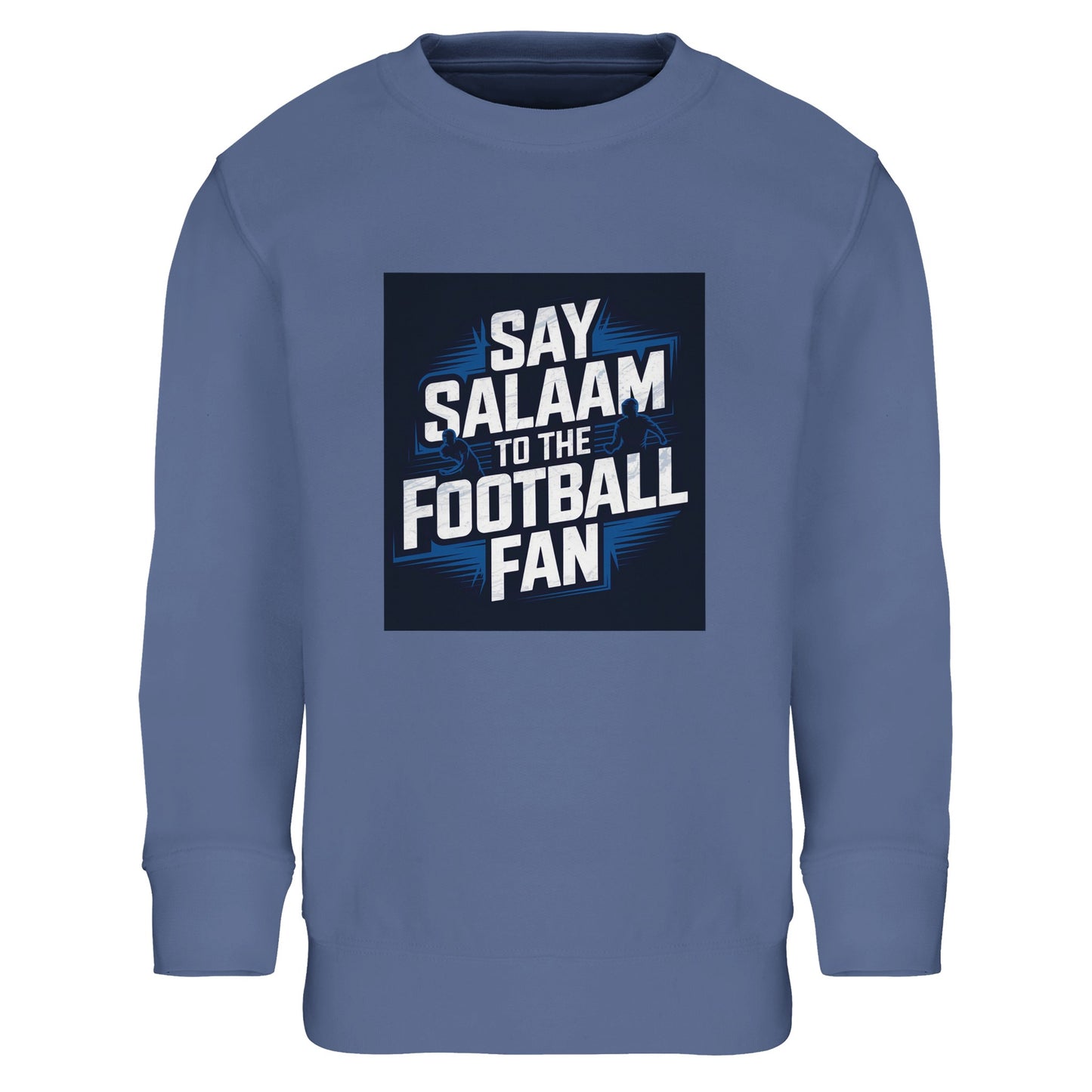 Blue / Marble Blue / Blue-Grey / Waikawa Grey Say Salaam to the Football Fan kids sweatshirt featuring a bold football graphic inspired by stadium lights and matchday atmosphere. Soft cotton and recycled polyester blend for warmth and comfort, built for children and teens. Ideal for young football fans supporting a team, club or FC, wearing club colours at school, at home, after training, or matchday. Modest Muslim kids wear that fits street style and family gifting, with good-value fanwear for new seasons.
