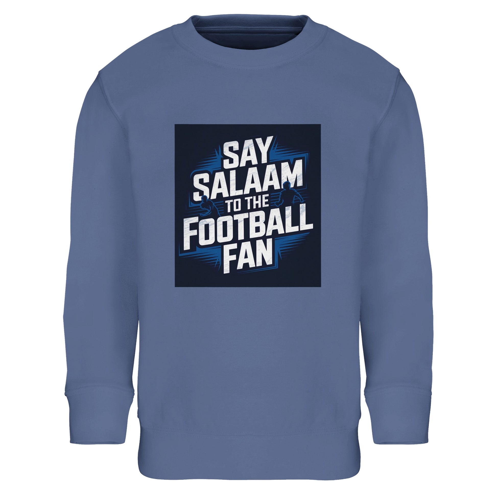 Blue / Marble Blue / Blue-Grey / Waikawa Grey Say Salaam to the Football Fan kids sweatshirt featuring a bold football graphic inspired by stadium lights and matchday atmosphere. Soft cotton and recycled polyester blend for warmth and comfort, built for children and teens. Ideal for young football fans supporting a team, club or FC, wearing club colours at school, at home, after training, or matchday. Modest Muslim kids wear that fits street style and family gifting, with good-value fanwear for new seasons.