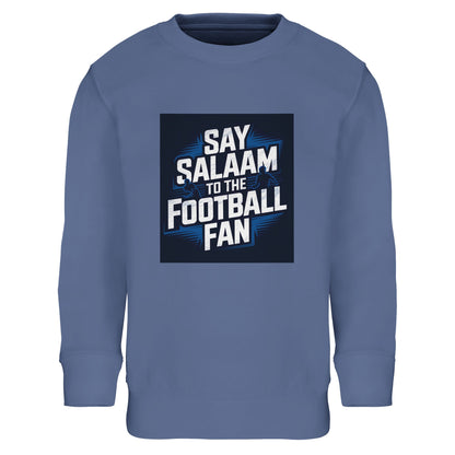 Blue / Marble Blue / Blue-Grey / Waikawa Grey Say Salaam to the Football Fan kids sweatshirt featuring a bold football graphic inspired by stadium lights and matchday atmosphere. Soft cotton and recycled polyester blend for warmth and comfort, built for children and teens. Ideal for young football fans supporting a team, club or FC, wearing club colours at school, at home, after training, or matchday. Modest Muslim kids wear that fits street style and family gifting, with good-value fanwear for new seasons.