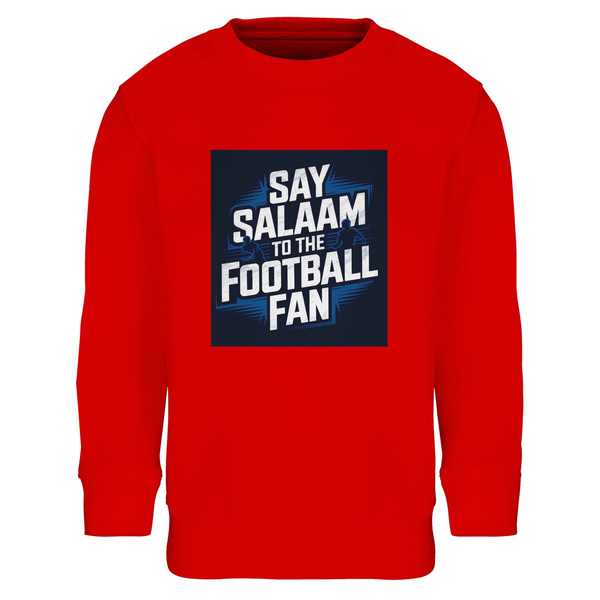Bright Red / Rosso Corsa Say Salaam to the Football Fan kids sweatshirt with a bold football graphic made for young supporters who love standout colour and matchday energy. Cotton and recycled polyester blend keeps it warm and comfortable for kids and teens (3 to 16-year-olds). Great for wearing club colours on match day, watching games at home, travelling to stadiums, or gifting to young supporters. Modest Muslim kids wear and streetwear fan clothing at a good price for new fanwear, kits, all season.