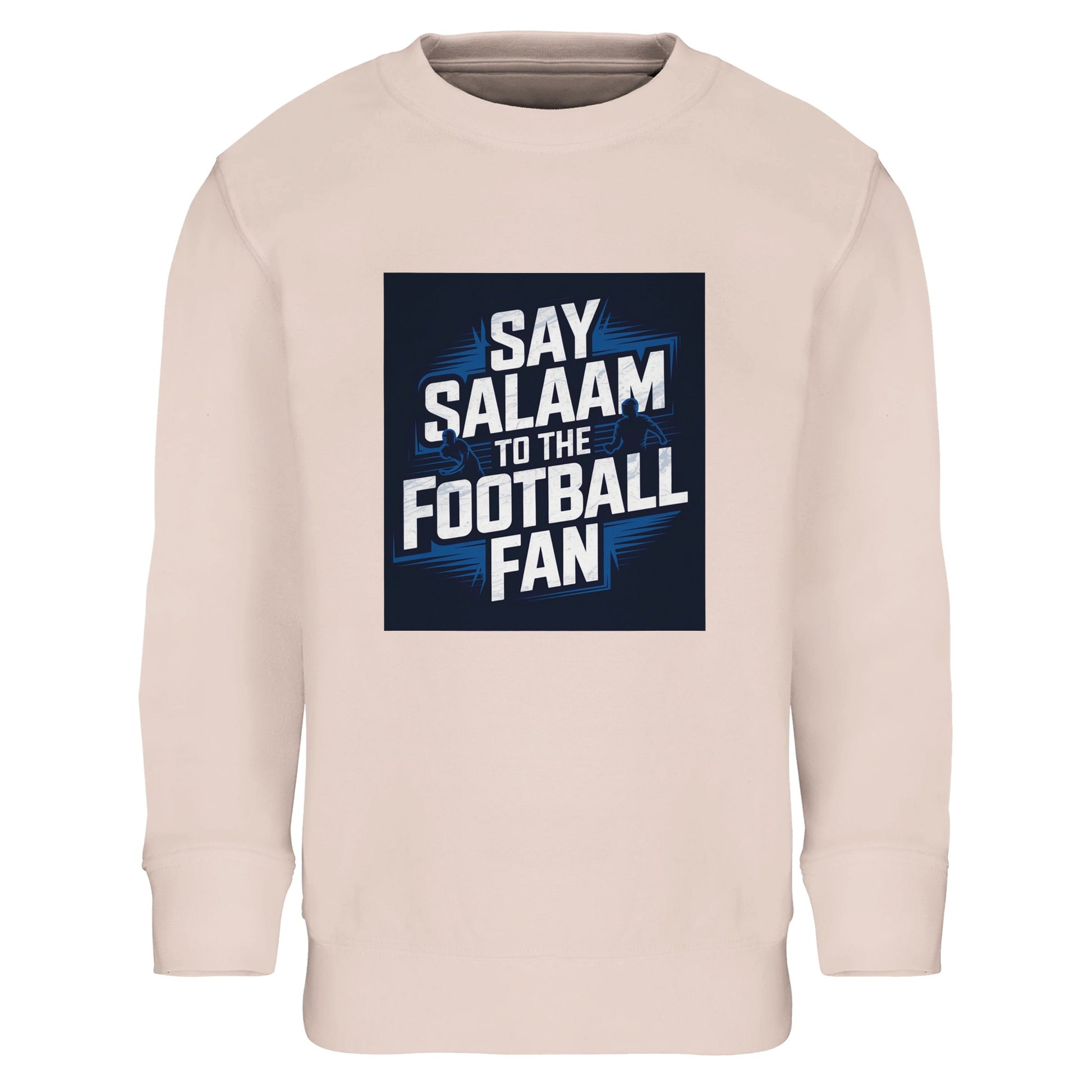 Creamy Pink Say Salaam to the Football Fan kids sweatshirt combining soft colour with bold football attitude. Made from a comfortable cotton-poly blend including recycled polyester, this sweatshirt suits children aged 3-16. Ideal for young football fans supporting a team or FC, enjoying matches at home, or wearing everyday streetwear. Designed as modest Muslim kids wear that balances sport, faith, and style. A strong choice for new childrens fanwear, gifts, and affordable football clothing to say Salaam.