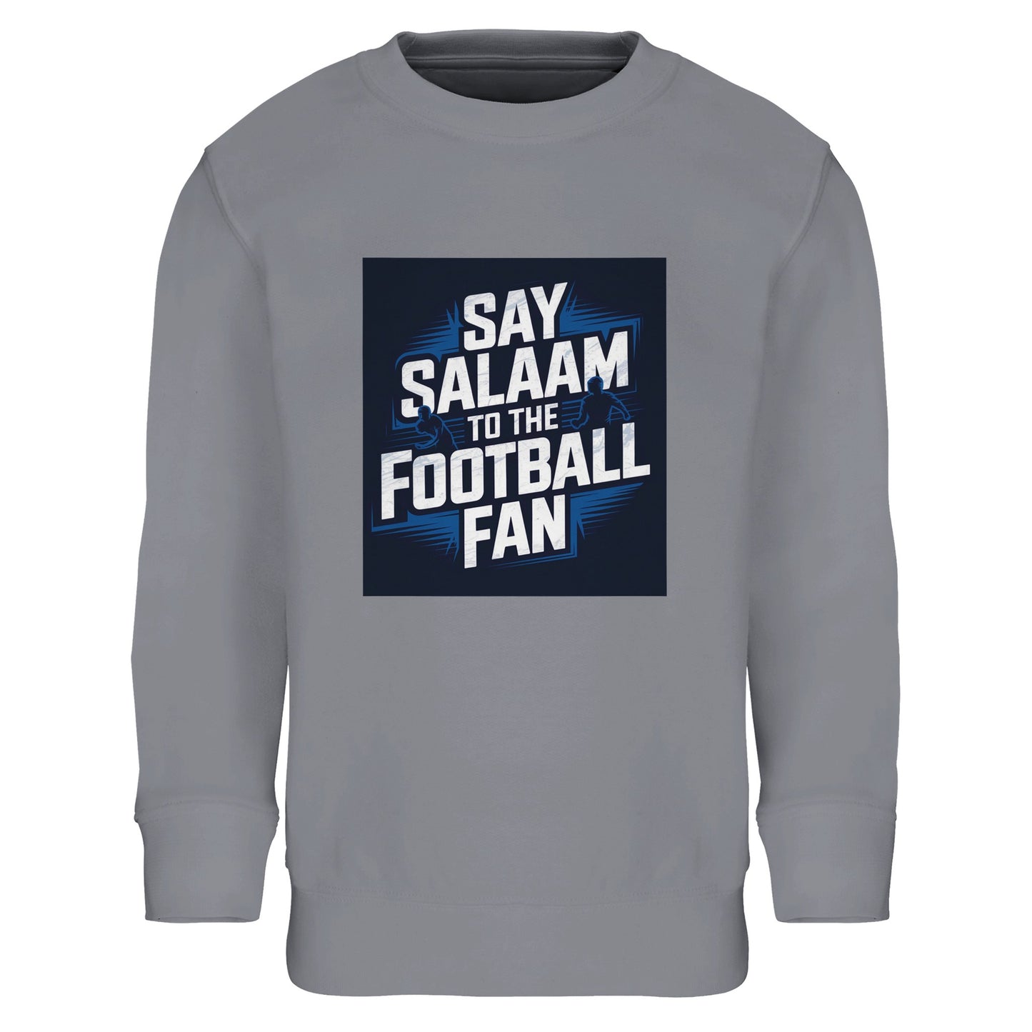 Grey Melange / Heather Grey / Marl Grey / Classic Athletic Grey Blend Say Salaam to the Football Fan kids sweatshirt with a clean, versatile look and a bold football graphic front and centre. Cotton and recycled polyester blend for soft warmth, designed for children and teens. Ideal for young fans supporting a team, club or FC at school, at home, on match day, or after training. Modest Muslim kids wear that fits everyday street style, gifting, and new fanwear shopping, with value-focused football clothing.