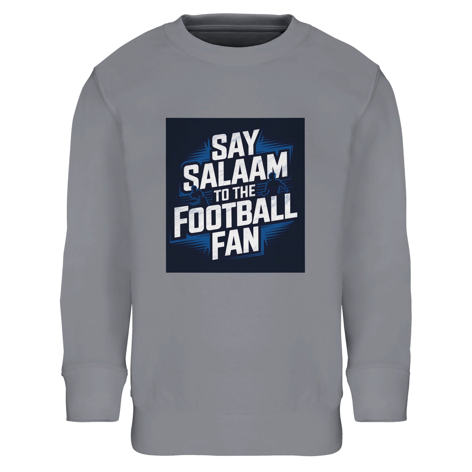 Grey Melange / Heather Grey / Marl Grey / Classic Athletic Grey Blend Say Salaam to the Football Fan kids sweatshirt with a clean, versatile look and a bold football graphic front and centre. Cotton and recycled polyester blend for soft warmth, designed for children and teens. Ideal for young fans supporting a team, club or FC at school, at home, on match day, or after training. Modest Muslim kids wear that fits everyday street style, gifting, and new fanwear shopping, with value-focused football clothing.