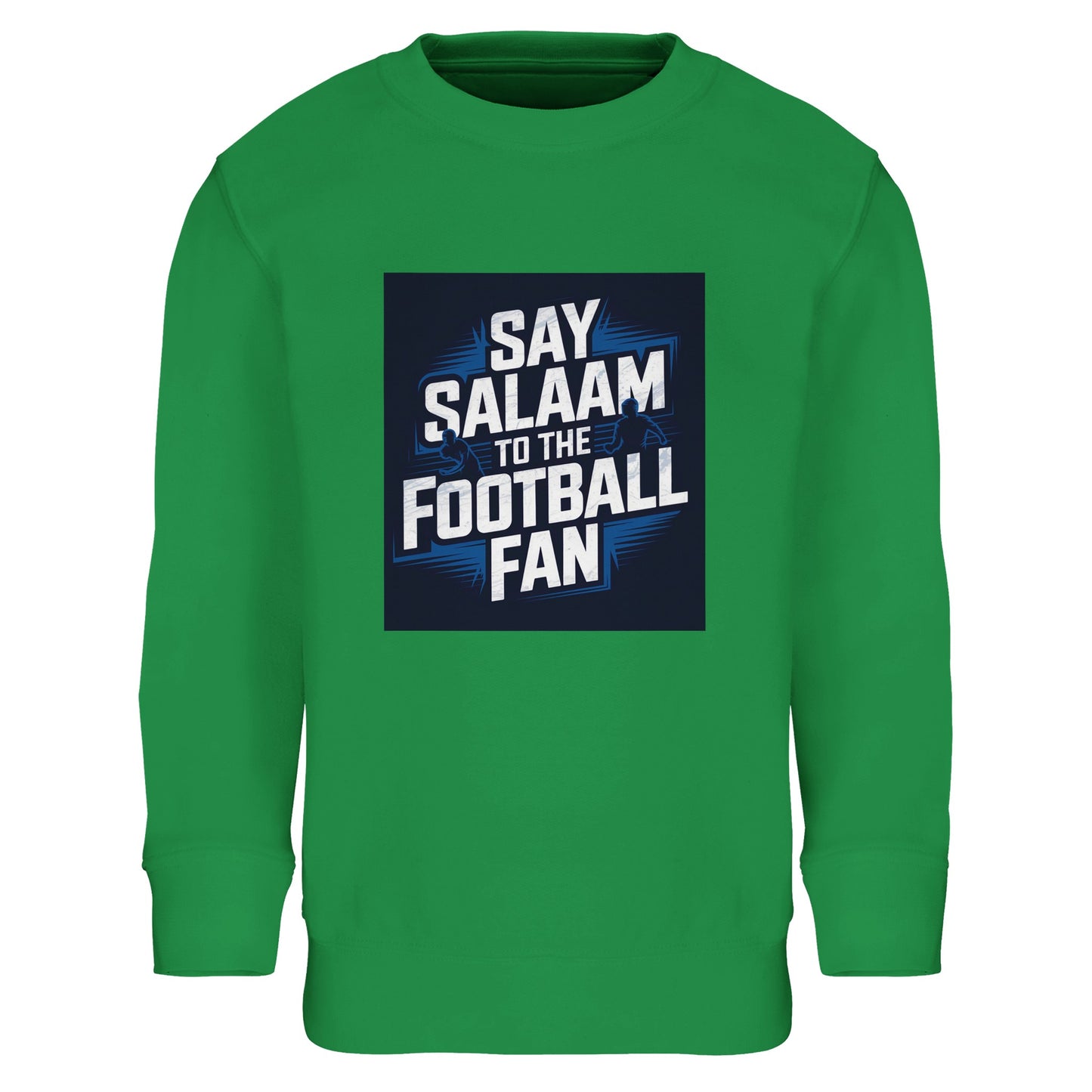 Kelly Green Say Salaam to the Football Fan kids sweatshirt in a pitch-ready green tone, finished with a bold football graphic inspired by stadium nights and big goals. Soft cotton and recycled polyester blend for warmth and comfort across ages. Perfect for young football fans supporting a team, club or FC, wearing club colours on match day, watching fixtures at home, or travelling to games. Modest Muslim kids wear with streetwear attitude, ideal for gifting, and good-price football clothing.