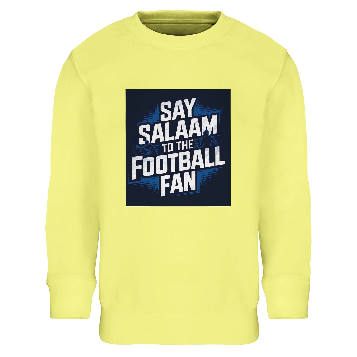 Light Yellow / Lemon Chiffon Say Salaam to the Football Fan kids sweatshirt with a bright football graphic that pops under stadium-style lighting. Cotton and recycled polyester blend keeps it cosy and durable for kids and teens. Great for young football fans supporting a team, club or FC, wearing club colours at school, match day, or at home watching games. Modest Muslim kids wear that suits street style and gifting, with good-value fanwear for football weekends, tournaments, and fresh footie clothing.