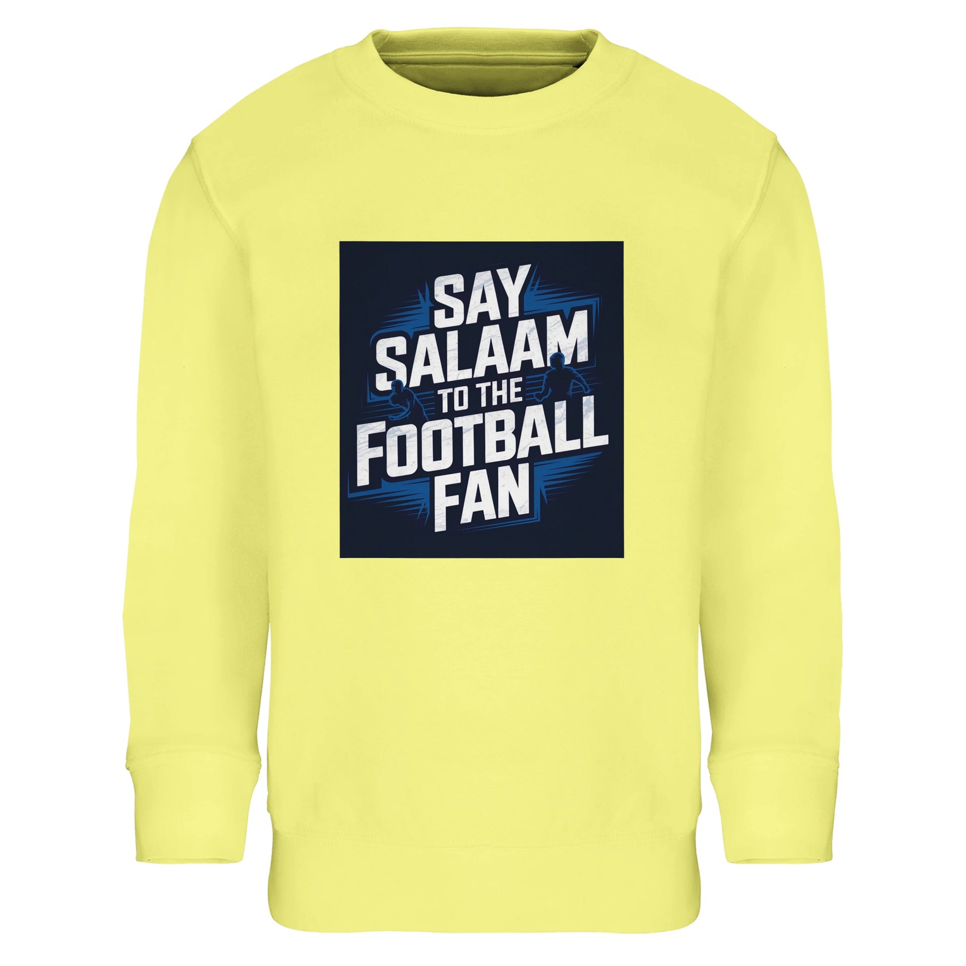 Light Yellow / Lemon Chiffon Say Salaam to the Football Fan kids sweatshirt with a bright football graphic that pops under stadium-style lighting. Cotton and recycled polyester blend keeps it cosy and durable for kids and teens. Great for young football fans supporting a team, club or FC, wearing club colours at school, match day, or at home watching games. Modest Muslim kids wear that suits street style and gifting, with good-value fanwear for football weekends, tournaments, and fresh footie clothing.