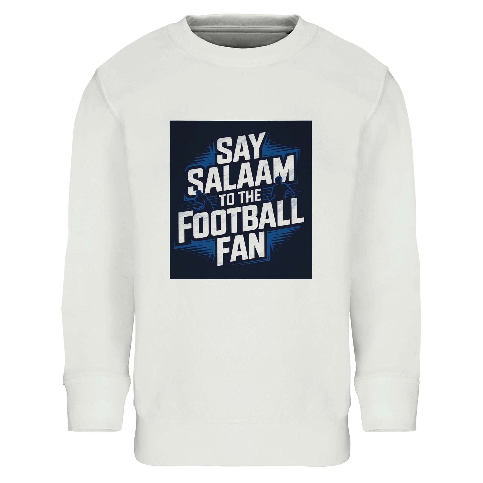 White / Platinum Say Salaam to the Football Fan kids sweatshirt featuring a clean base colour and bold football graphic inspired by stadium lights and matchday atmosphere. Soft cotton and recycled polyester blend for warmth and comfort, made for children and teens. Ideal for young football fans supporting a team, club or FC, wearing club colours at school, at home, after training, or on match day. Modest Muslim kids wear for gifting and new fanwear, with good-price football clothing across seasons.