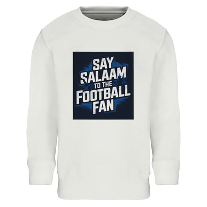 White / Platinum Say Salaam to the Football Fan kids sweatshirt featuring a clean base colour and bold football graphic inspired by stadium lights and matchday atmosphere. Soft cotton and recycled polyester blend for warmth and comfort, made for children and teens. Ideal for young football fans supporting a team, club or FC, wearing club colours at school, at home, after training, or on match day. Modest Muslim kids wear for gifting and new fanwear, with good-price football clothing across seasons.