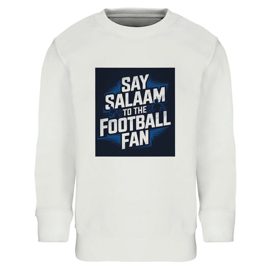 White / Platinum Say Salaam to the Football Fan kids sweatshirt featuring a clean base colour and bold football graphic inspired by stadium lights and matchday atmosphere. Soft cotton and recycled polyester blend for warmth and comfort, made for children and teens. Ideal for young football fans supporting a team, club or FC, wearing club colours at school, at home, after training, or on match day. Modest Muslim kids wear for gifting and new fanwear, with good-price football clothing across seasons.