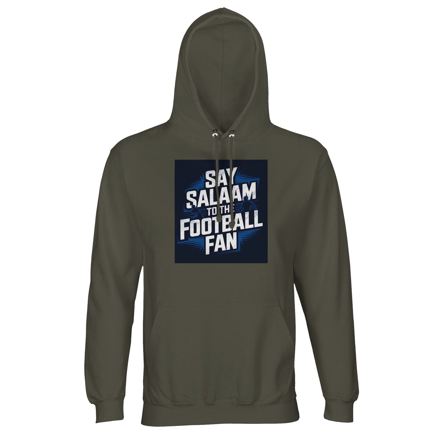 Say Salaam to the Football Fan Design #9 Part-Recycled Unisex Cotton-Poly Hoodie – Army / Fuscous Grey with strong white matchday lettering on a focused square. A modest unisex brushed-fleece hoodie for fans who browse fixtures like calendars, track Premier League table changes, follow Champions League knockout stages. Not the replica kit — this well-priced, warm, dependable layer suits supporters heading to community pitches, watching highlights after prayers, reviewing goals, and planning away travel.