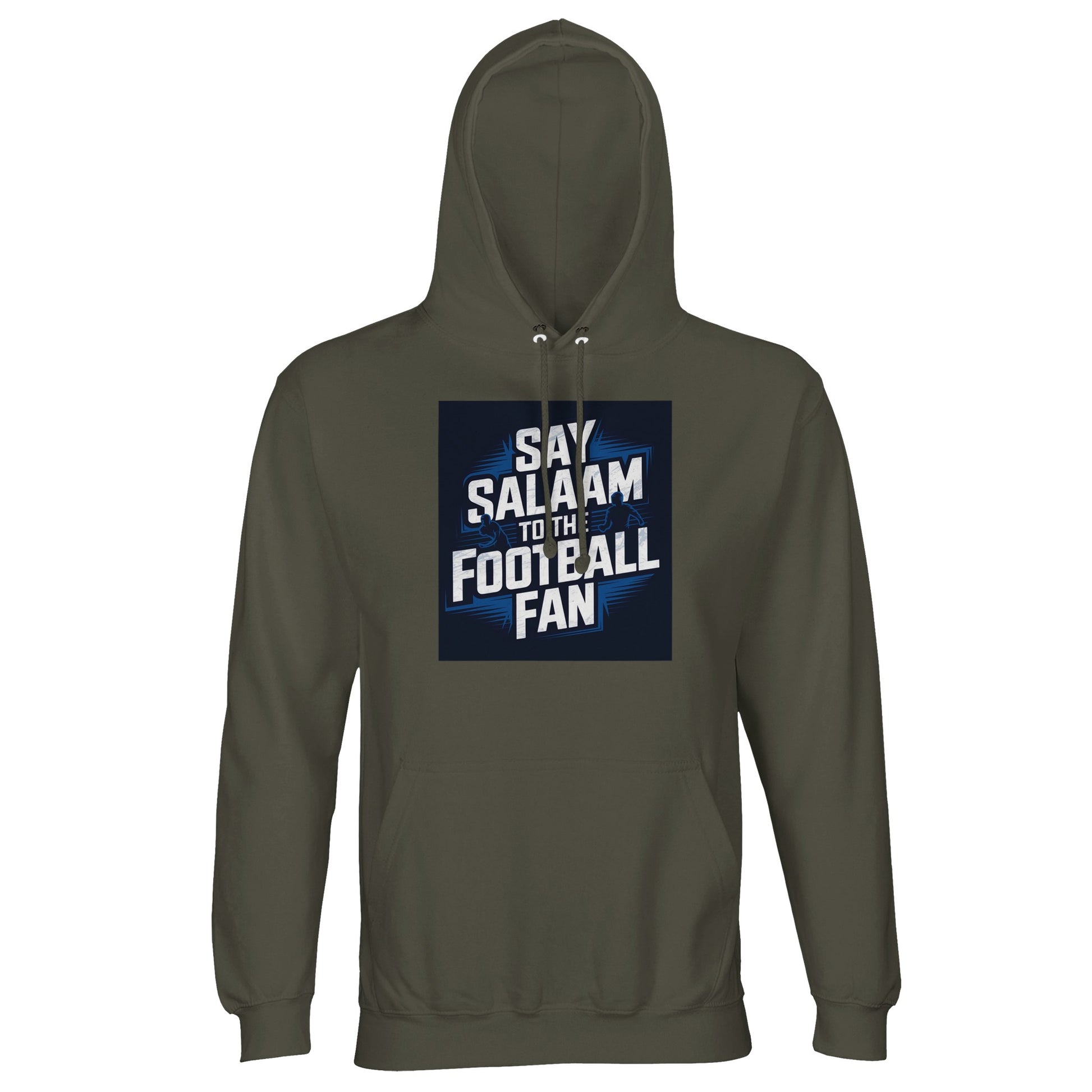 Say Salaam to the Football Fan Design #9 Part-Recycled Unisex Cotton-Poly Hoodie – Army / Fuscous Grey with strong white matchday lettering on a focused square. A modest unisex brushed-fleece hoodie for fans who browse fixtures like calendars, track Premier League table changes, follow Champions League knockout stages. Not the replica kit — this well-priced, warm, dependable layer suits supporters heading to community pitches, watching highlights after prayers, reviewing goals, and planning away travel.