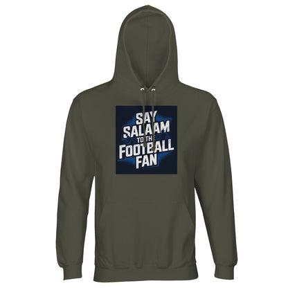 Say Salaam to the Football Fan Design #9 Part-Recycled Unisex Cotton-Poly Hoodie – Army / Fuscous Grey with strong white matchday lettering on a focused square. A modest unisex brushed-fleece hoodie for fans who browse fixtures like calendars, track Premier League table changes, follow Champions League knockout stages. Not the replica kit — this well-priced, warm, dependable layer suits supporters heading to community pitches, watching highlights after prayers, reviewing goals, and planning away travel.