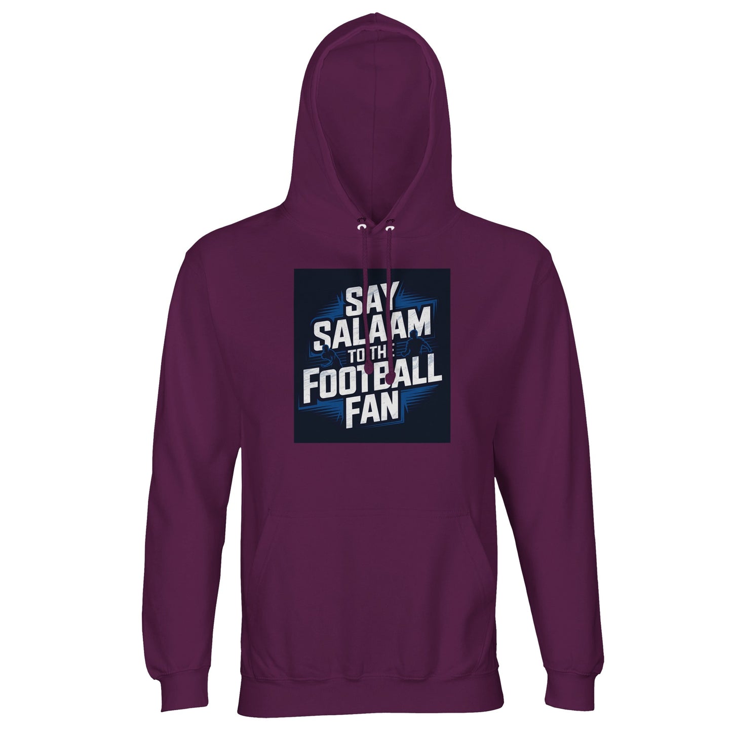Say Salaam to the Football Fan Design #9 Part-Recycled Unisex Cotton-Poly Hoodie – Astral Purple / Wine Berry with cream football text in a deep square. A modest unisex brushed-fleece hoodie for fans who follow league movement, review Premier League and Champions League calendars. Not the replica kit — this stable, warm layer suits supporters walking to matches, viewing highlights after prayers, analysing midweek fixtures, revisiting crucial goals and keeping football as part of everyday rhythm.