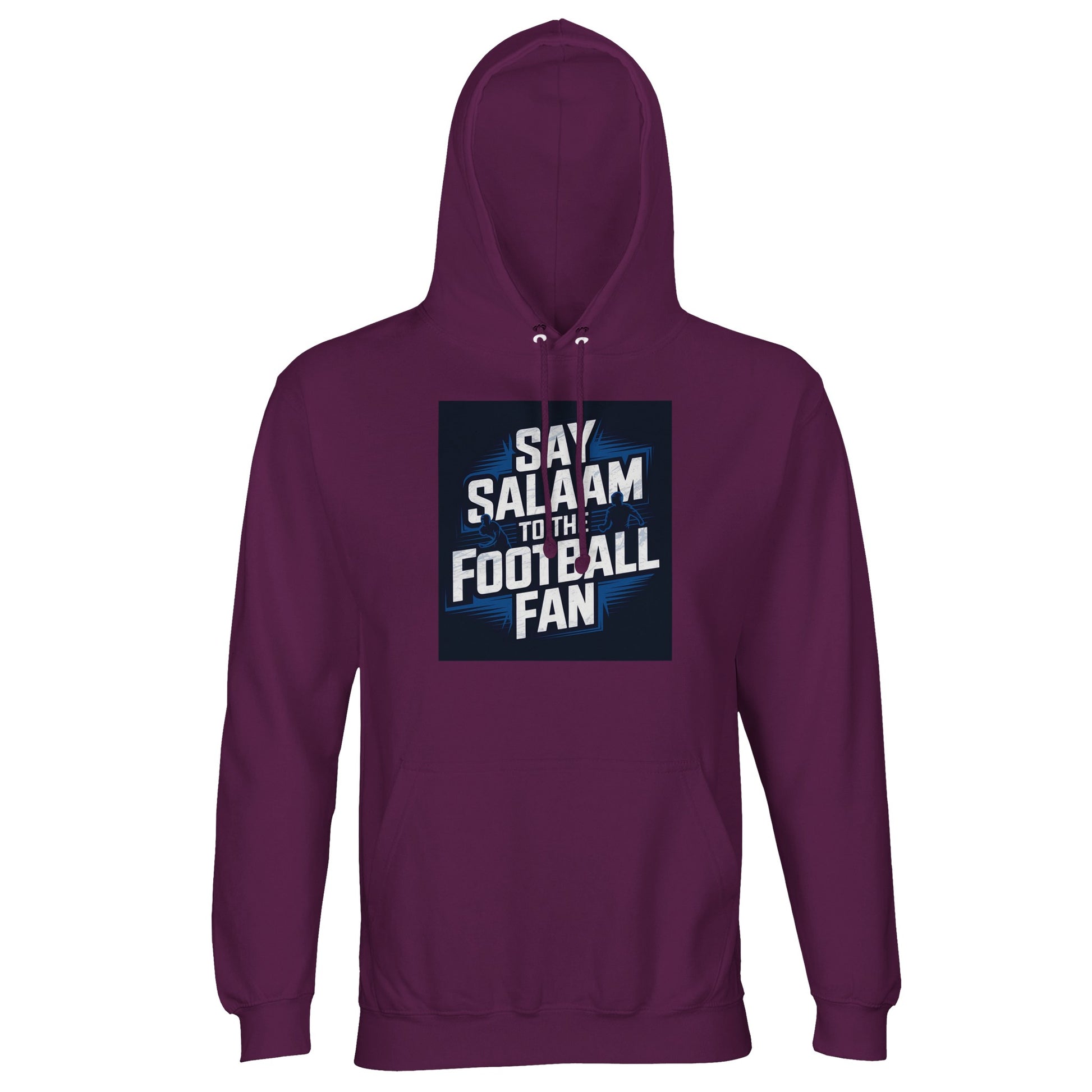 Say Salaam to the Football Fan Design #9 Part-Recycled Unisex Cotton-Poly Hoodie – Astral Purple / Wine Berry with cream football text in a deep square. A modest unisex brushed-fleece hoodie for fans who follow league movement, review Premier League and Champions League calendars. Not the replica kit — this stable, warm layer suits supporters walking to matches, viewing highlights after prayers, analysing midweek fixtures, revisiting crucial goals and keeping football as part of everyday rhythm.
